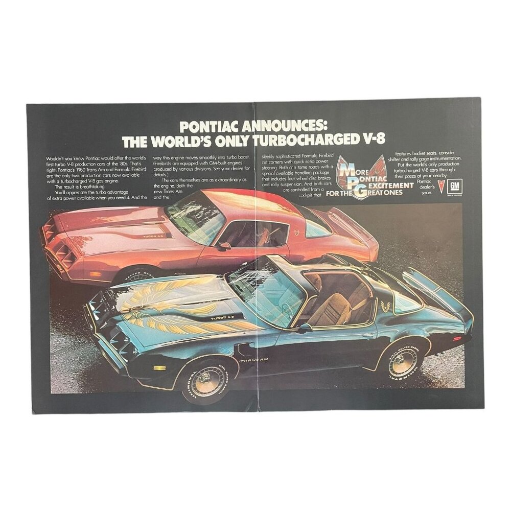 1980 Pontiac Formula Firebird and Trans Am 16x11 Vintage Print Ad 80s Wall Art